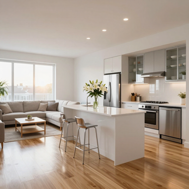 Bright open-plan living room and kitchen with gray sofa, white island, bar stools, and hardwood floors