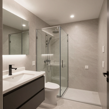 Modern bathroom with glass shower, white toilet, and dark vanity with mirror