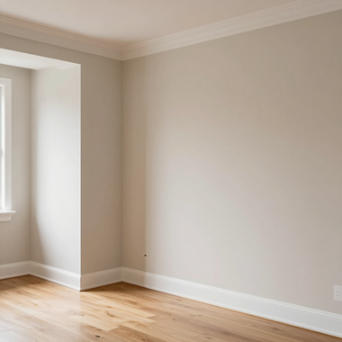 Empty beige room with light wood floor, white trim, and a window nook