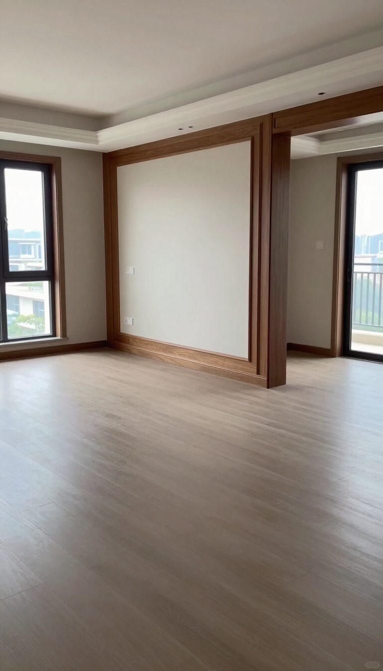 Empty unfurnished room with large windows, light wood flooring, and brown trim detailing