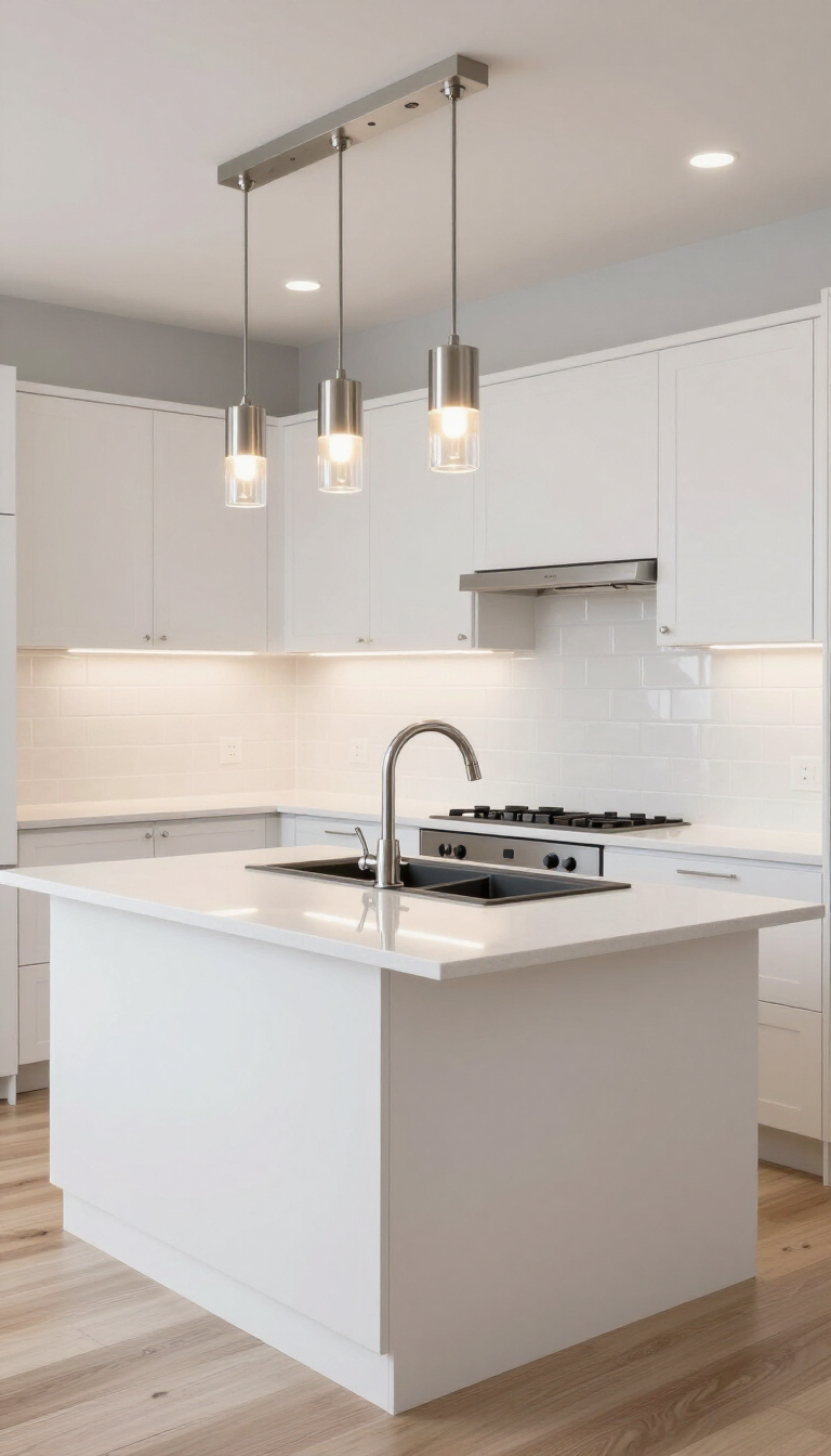 Bright white modern kitchen with a central island, pendant lights, and stainless steel appliances