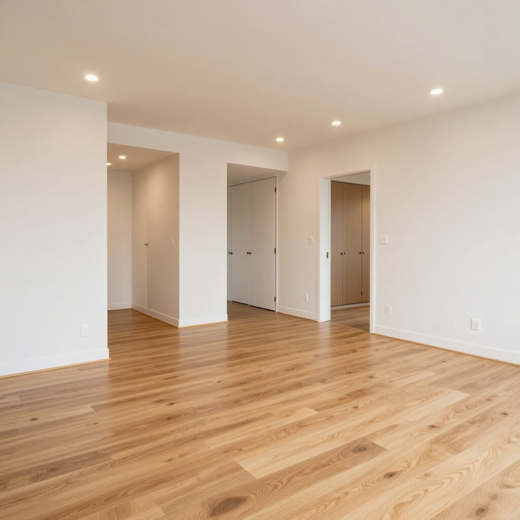 Empty modern room with light wood floors, white walls, recessed lighting, and open doorways