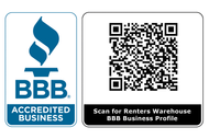 BBB Accredited Business logo and QR code labeled “Scan for Renters Warehouse BBB Business Profile”