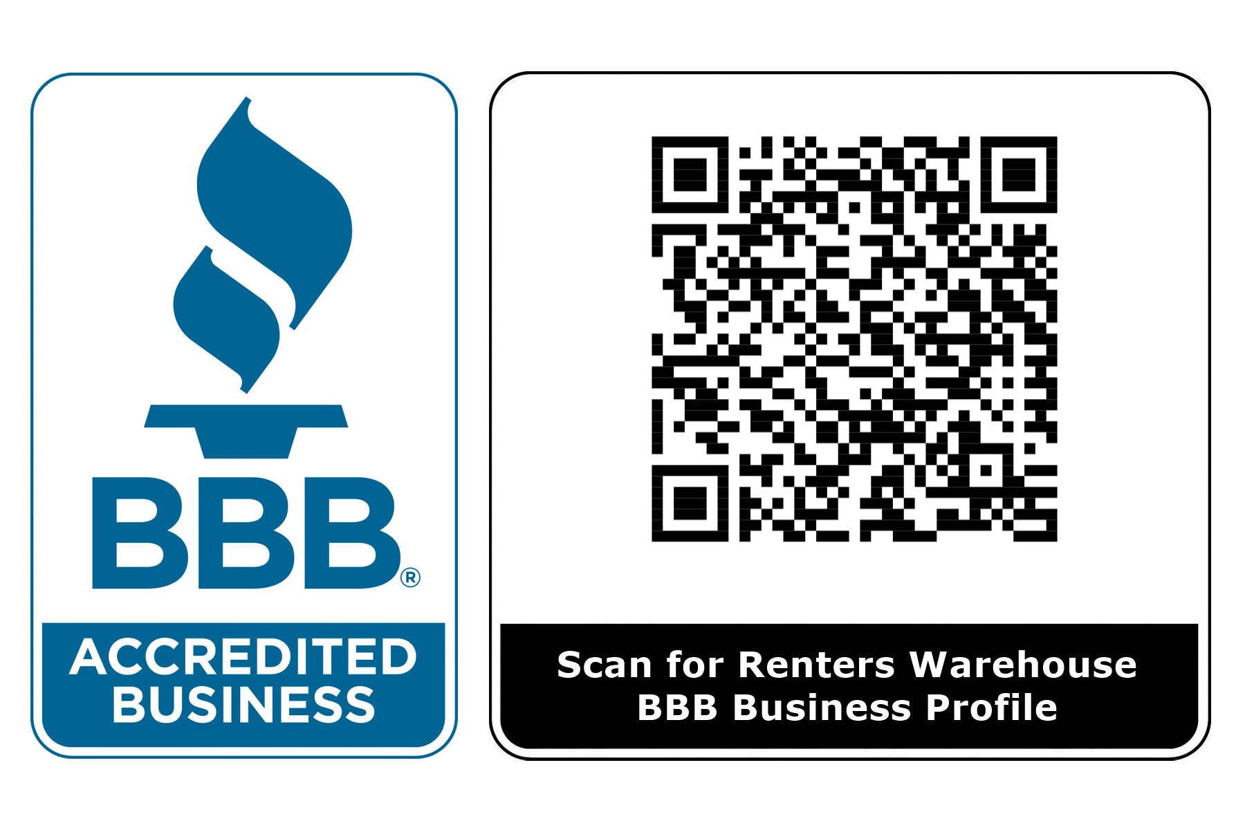 BBB Accredited Business badge and QR code labeled “Scan for Renters Warehouse BBB Business Profile”
