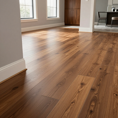 Sunlit living room with hardwood floors, white walls, and large windows