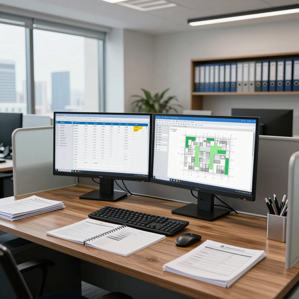 Modern office desk with dual monitors, keyboard, notebooks, and a city view through large windows
