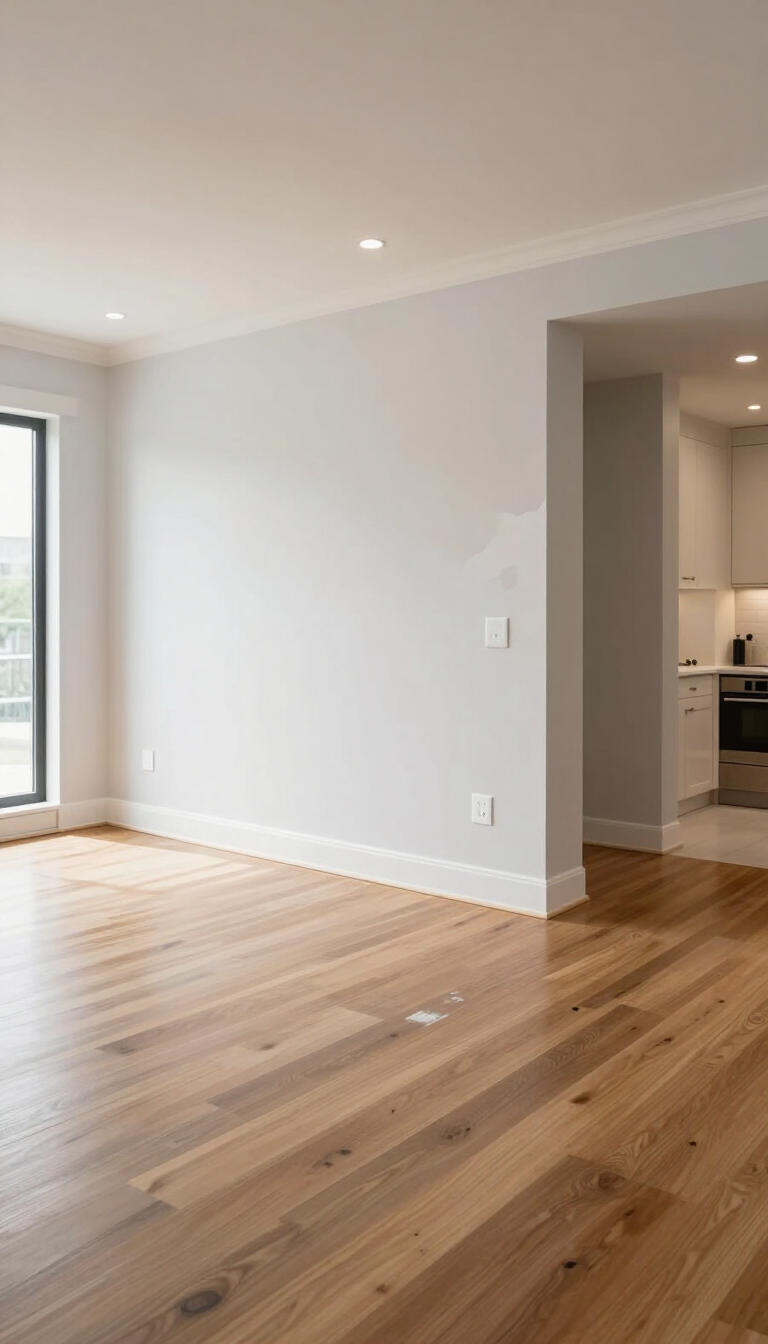 Empty modern room with light wood floors, white walls, and an open doorway to a kitchen.