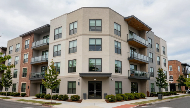 Modern apartment building with balconies on a city street corner