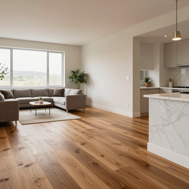 Bright open living room with wood floors, gray sectional, large window, and marble kitchen island