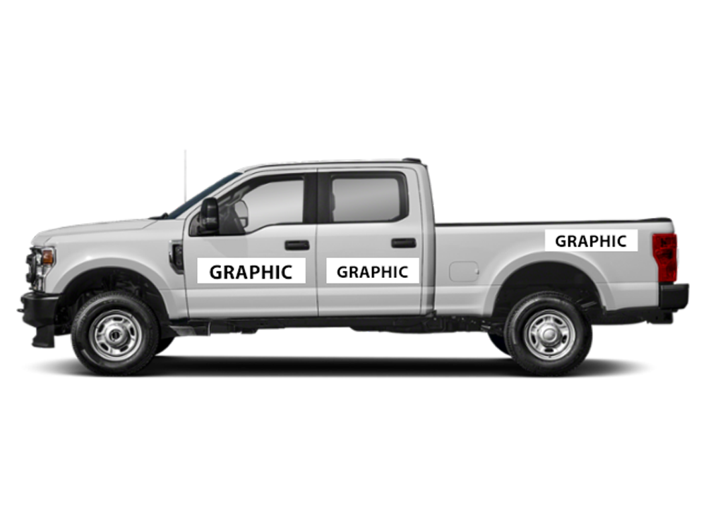 A white pickup truck seen from the side, featuring three rectangular text placeholders labeled