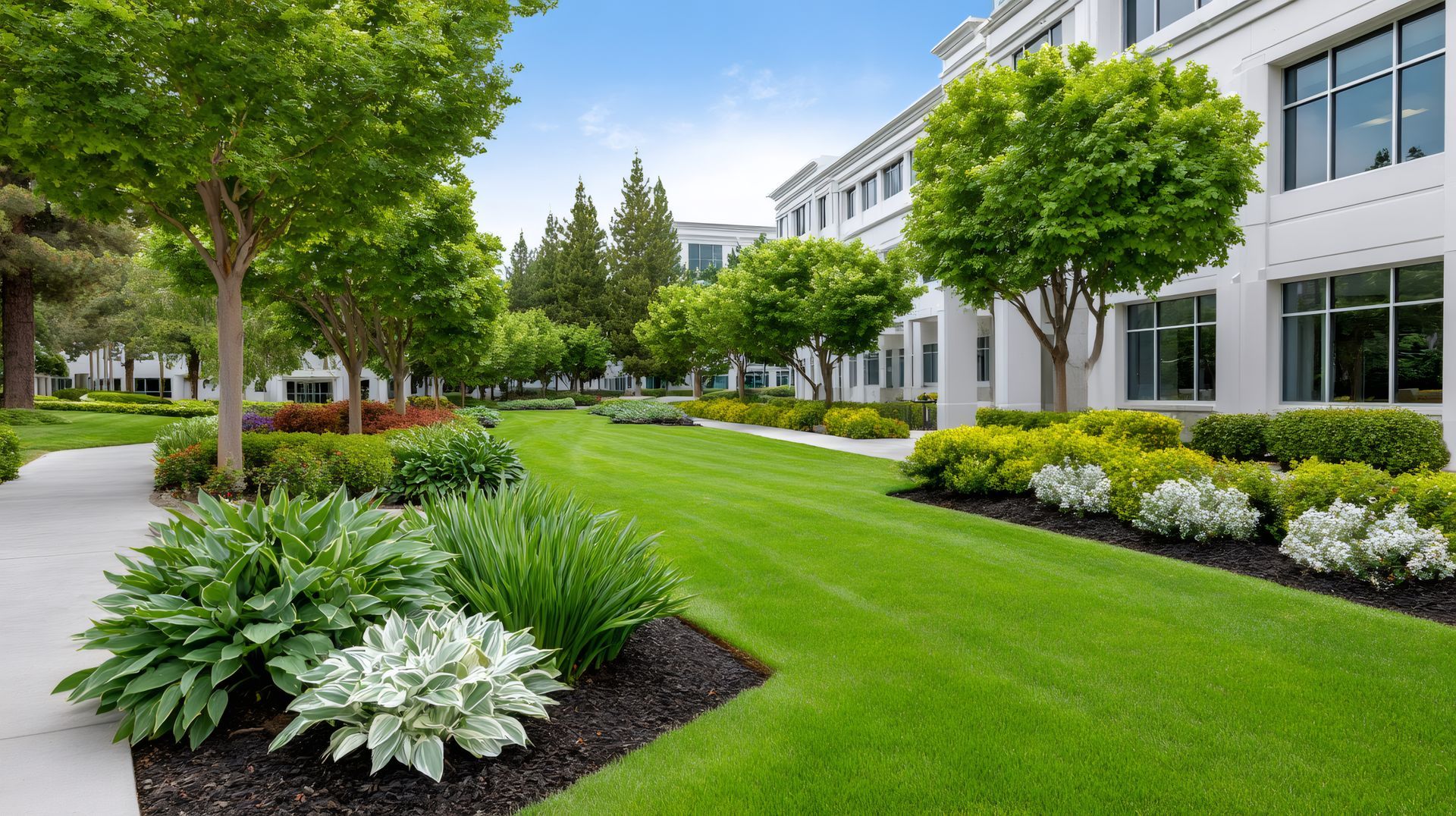Corporate campus building with lush green landscaping.