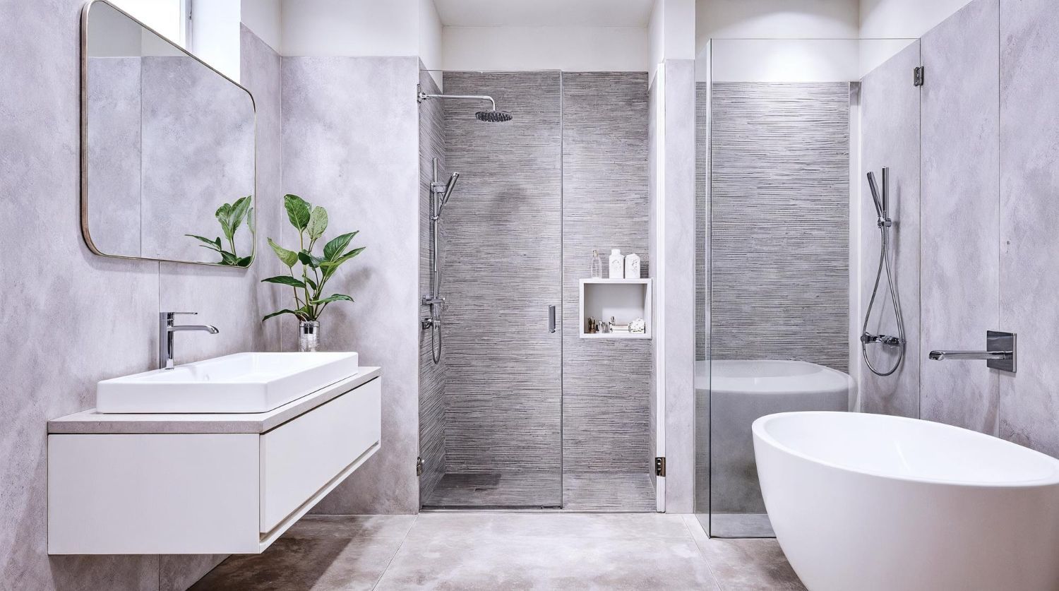 Modern gray-and-white bathroom with floating vanity, round mirror, walk-in shower, and freestanding tub