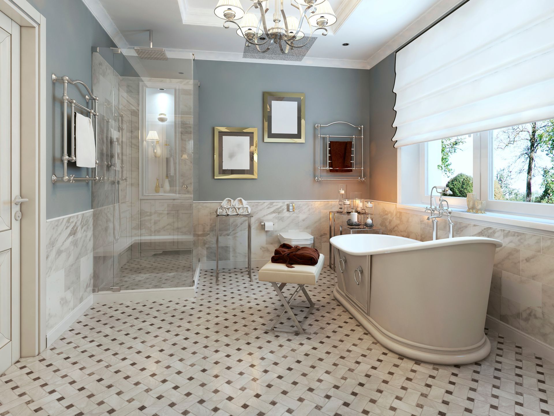 Elegant marble bathroom with freestanding tub, glass shower, and large window.