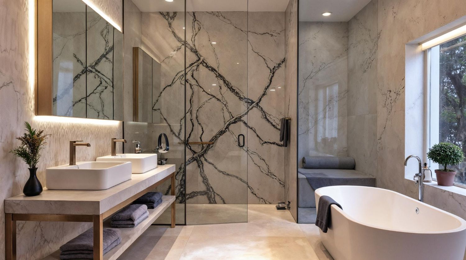 Modern marble bathroom with freestanding tub, double vanity, and glass shower wall with branching crack-like design