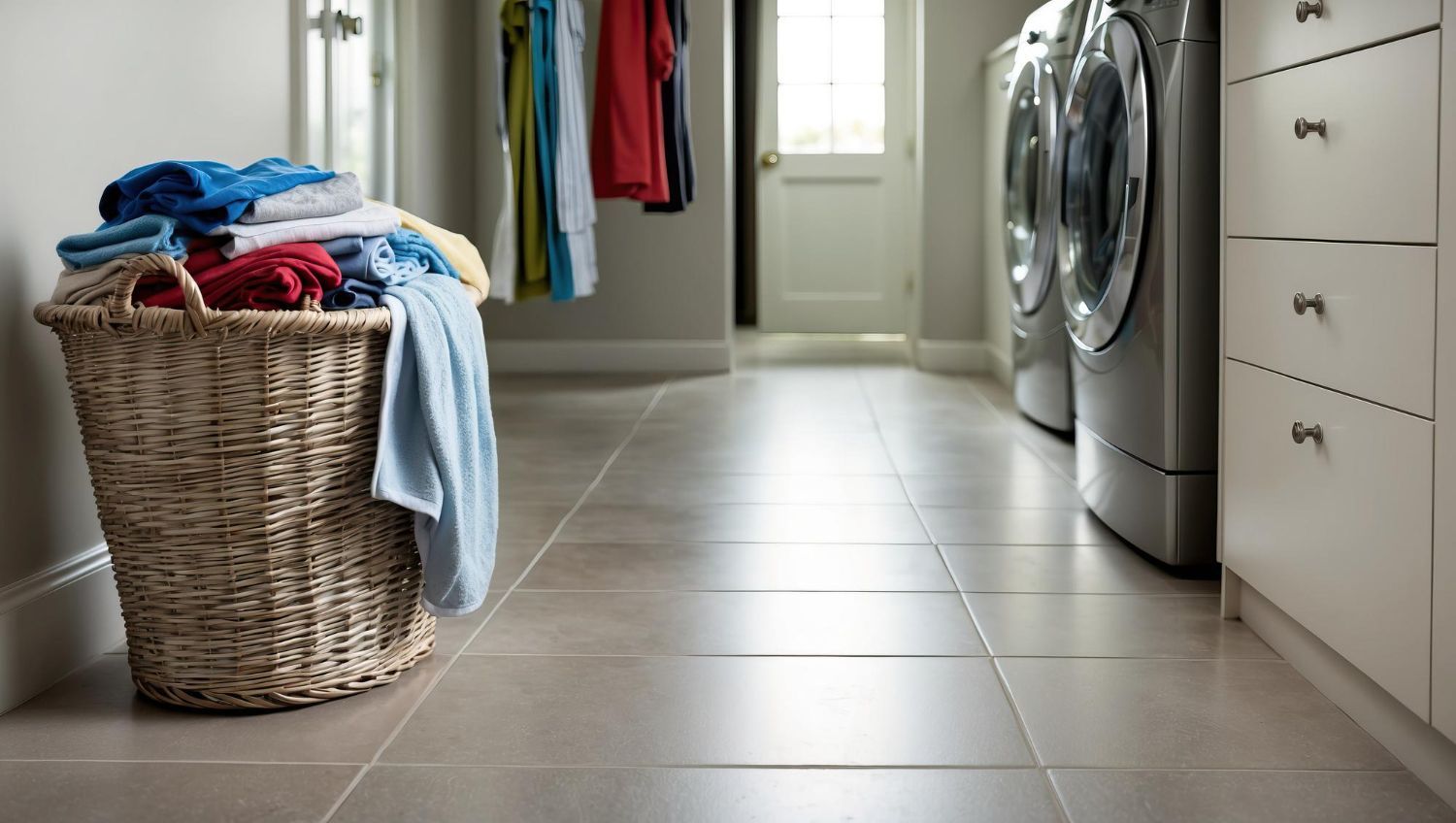 Laundry basket in a laundry room beside a washing machine and cabinets, with clothes piled on top.