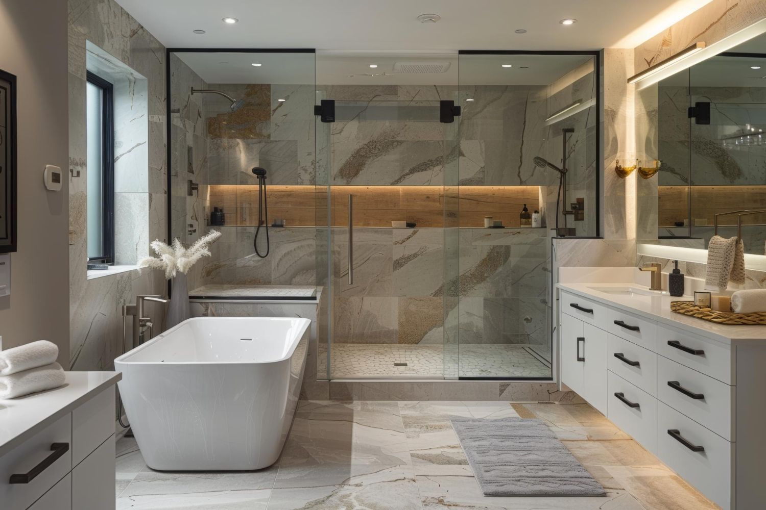 Modern luxury bathroom with freestanding tub, glass shower, vanity, and marble finishes
