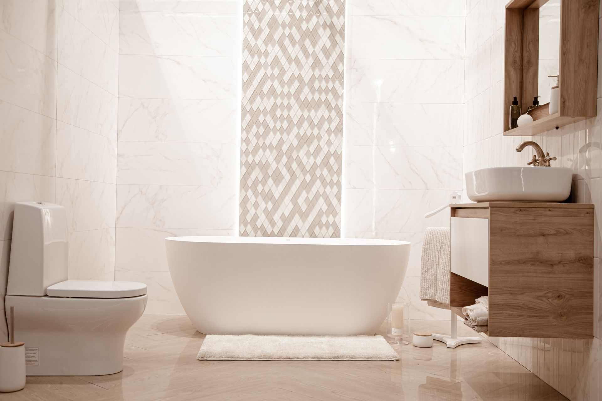 Modern bathroom with freestanding tub, toilet, wood vanity, and marble tile walls.