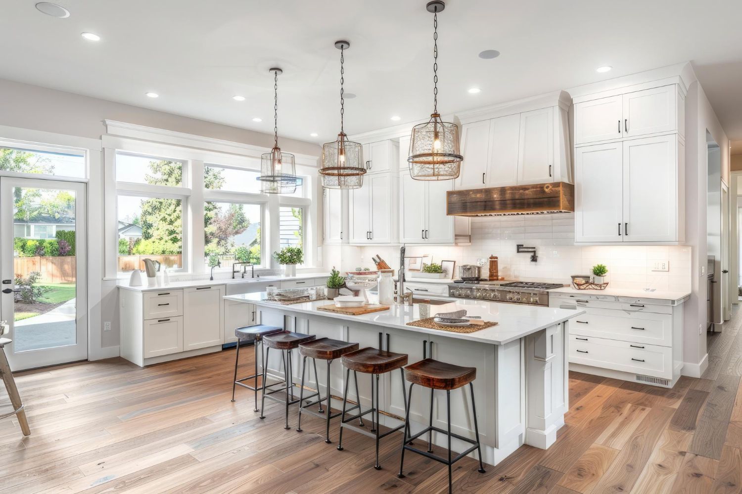 Bright modern kitchen with white cabinets, marble island, pendant lights, and hardwood floors