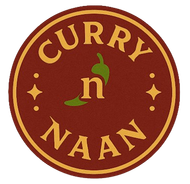 Logo for Curry 'n' Naan: round with brown background, gold border, text, and a green chili pepper.