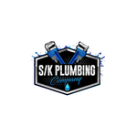 A blue logo for S/K  plumbing company with a wrench and hammer in a circle.