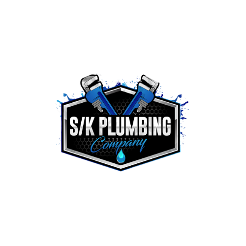 S/K Plumbing Company logo with crossed blue wrenches and black shield emblem