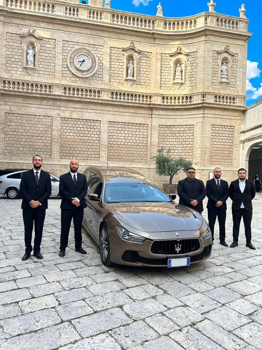 Cinque uomini in abito elegante sono in piedi accanto a un'auto di lusso nera davanti a un edificio in pietra riccamente decorato.