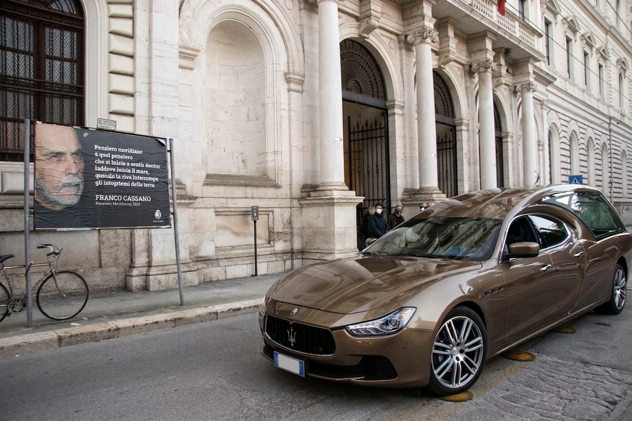Auto sportiva marrone parcheggiata su una strada acciottolata accanto a un edificio storico in pietra.