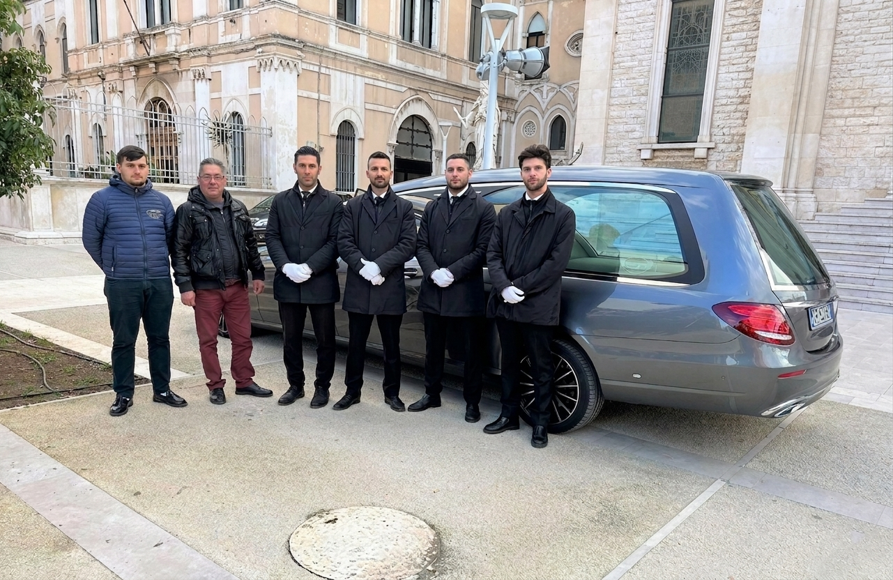 Cinque uomini sono in piedi accanto a un furgone grigio davanti a un edificio in pietra, in posa all'aperto.