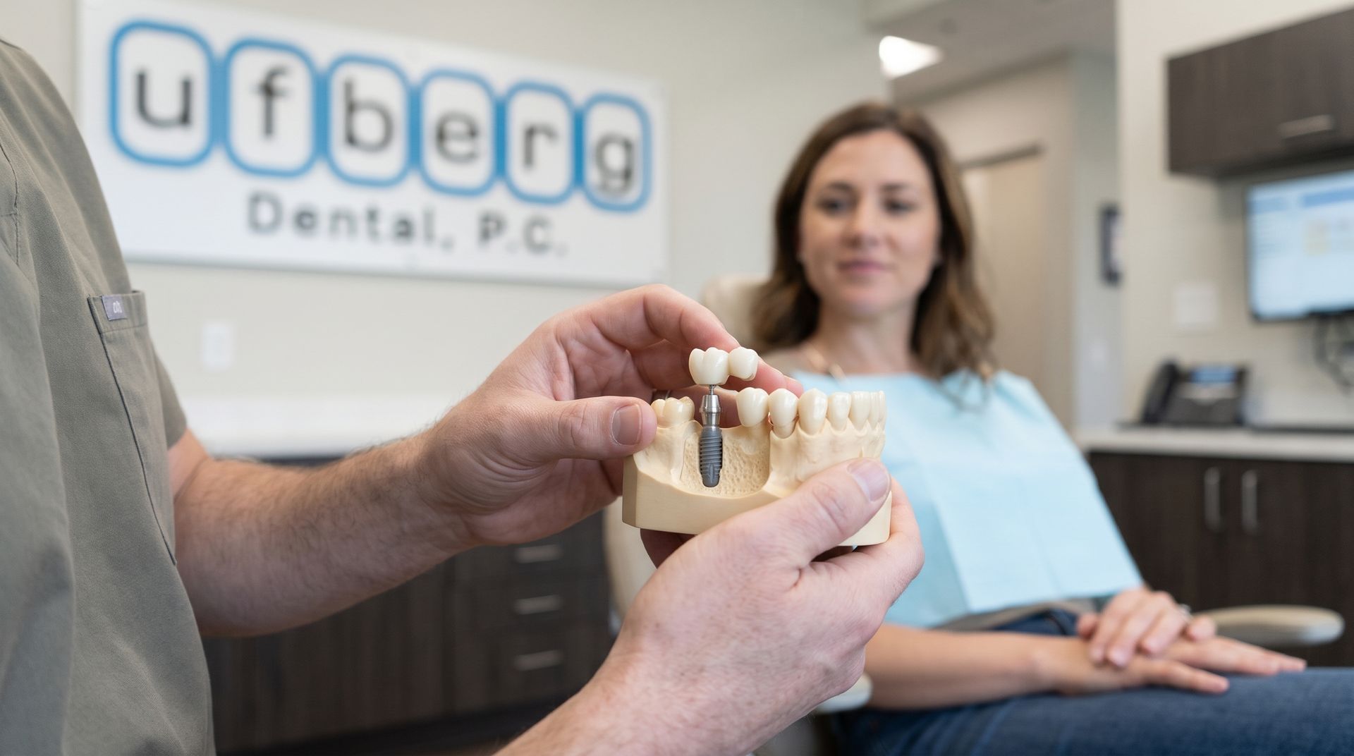 Dental office consultation with a model jaw in the foreground and a patient seated in the background.
