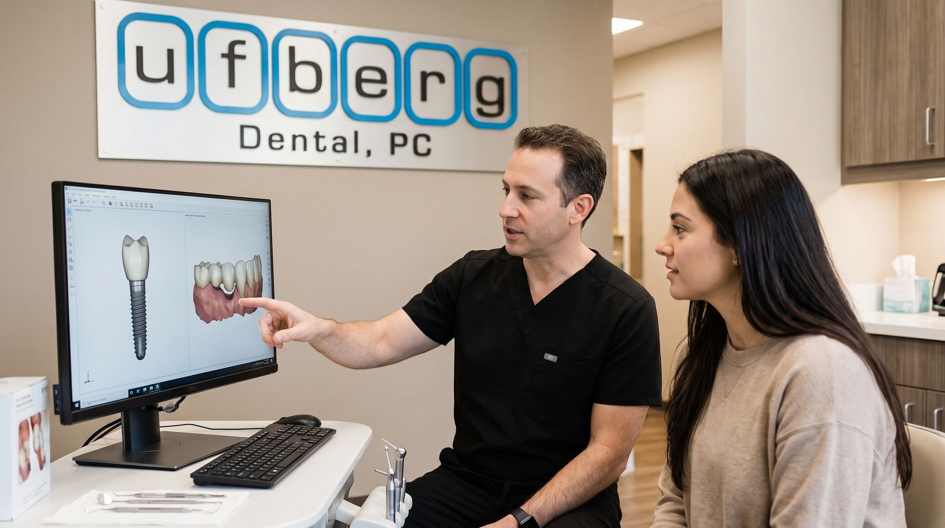 Dentist showing dental X-rays on a monitor to a patient in a modern office