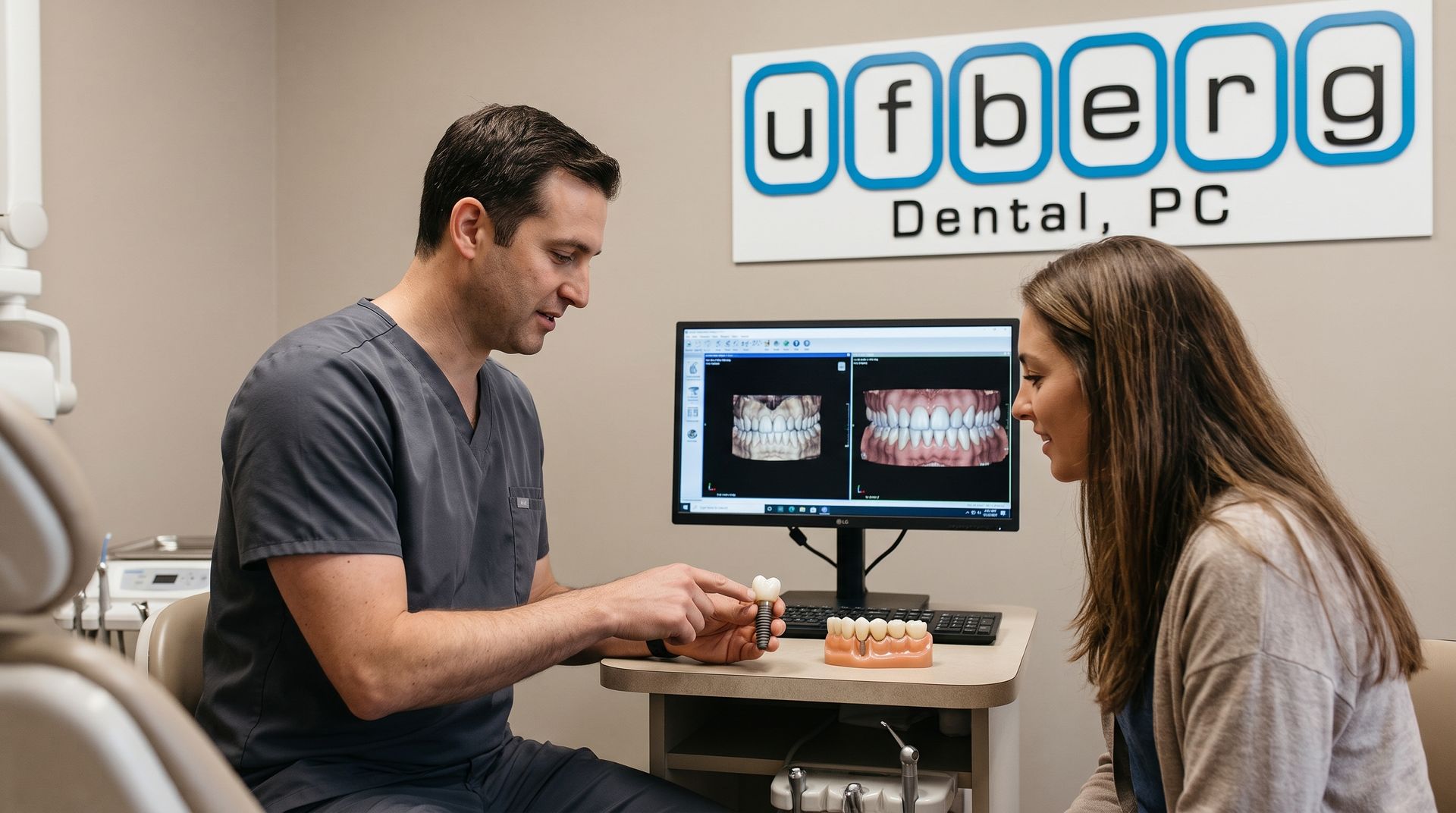 Dentist consulting with a patient in a dental office, looking at X-rays on a monitor.