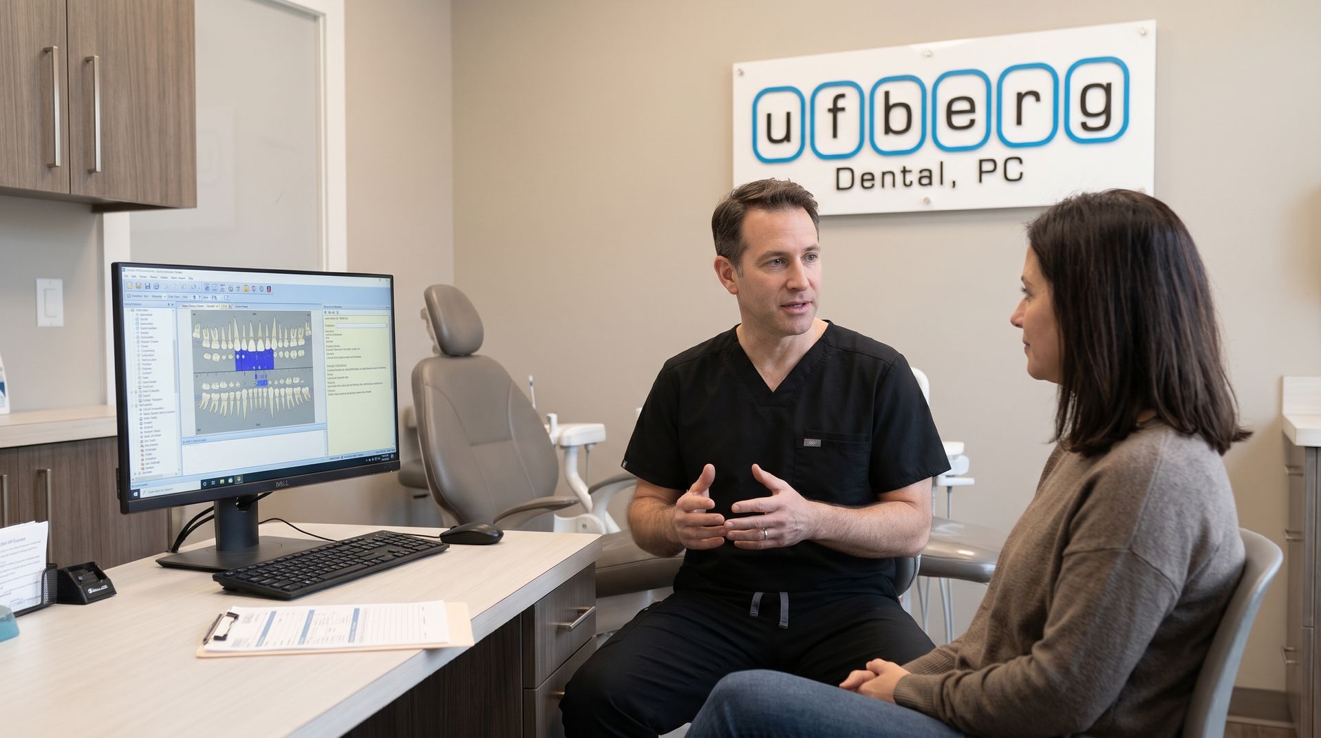Dentist speaking with patient in a modern dental office beside a computer screen