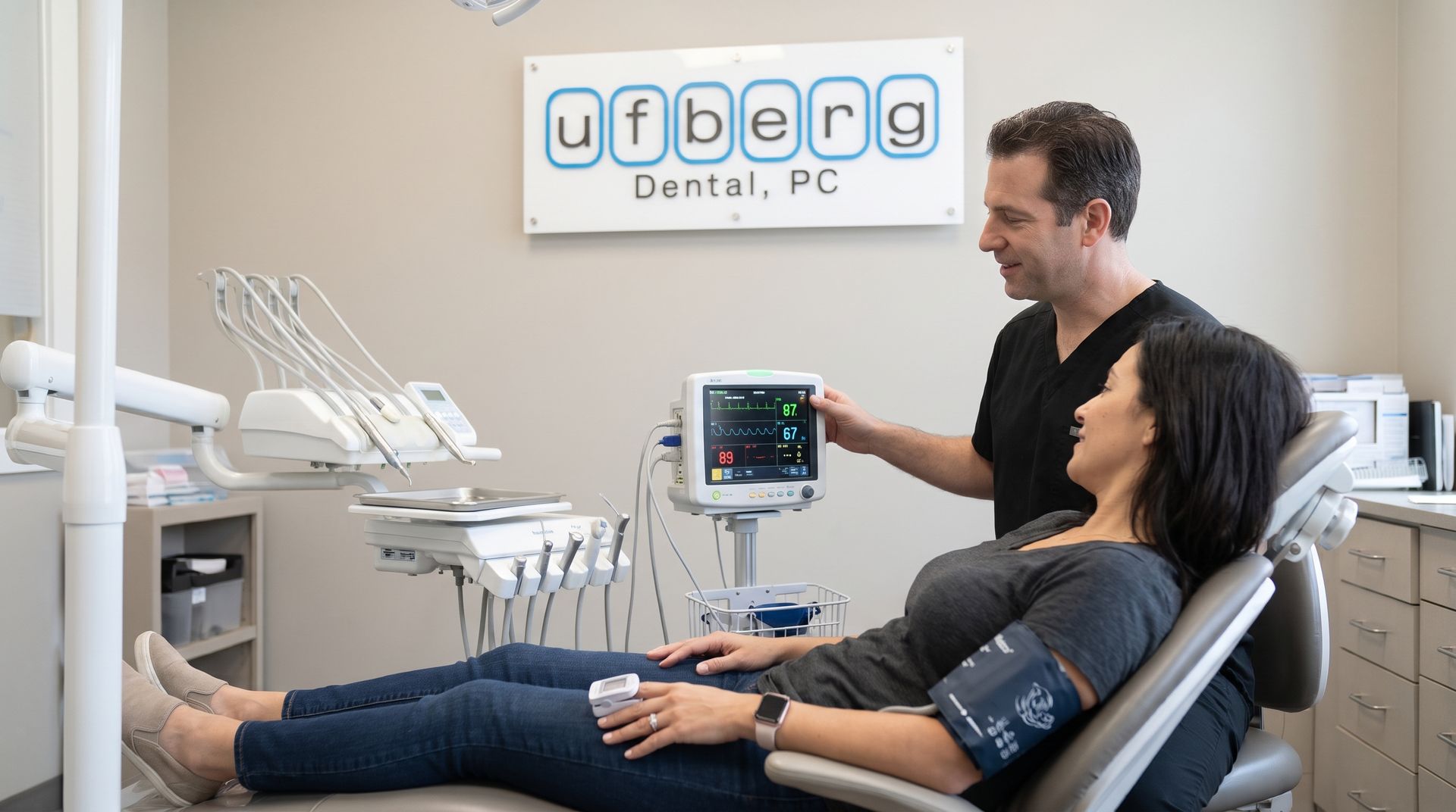 Dentist and patient in a modern dental office, with a monitor and dental chair equipment visible