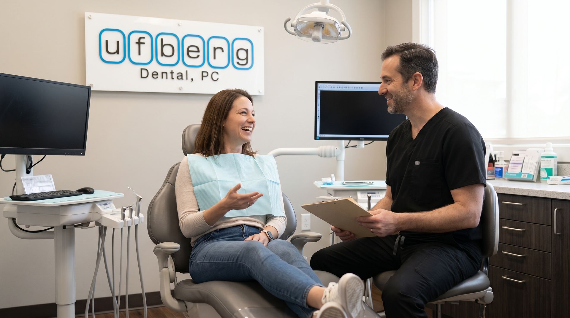 Dental clinic conversation: patient in chair talking with dentist in modern office.