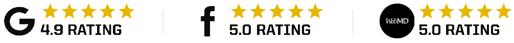 Logos for Google, Facebook and a round black logo with 5-star ratings.