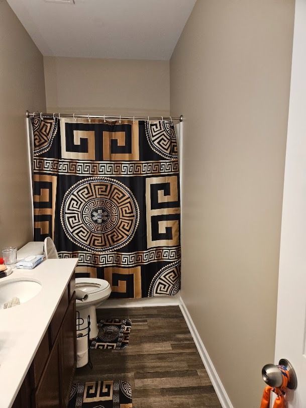 Small bathroom with a Greek key shower curtain, sink vanity, and patterned rug.