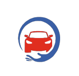 Red car inside blue circle with hand, representing car protection.