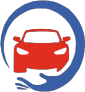 Red car icon inside a blue circle with a hand cupping the car, suggesting care.