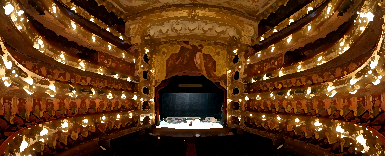 Interior ornamentado del teatro con balcones dorados y filas de luces brillantes que enmarcan un escenario oscuro.