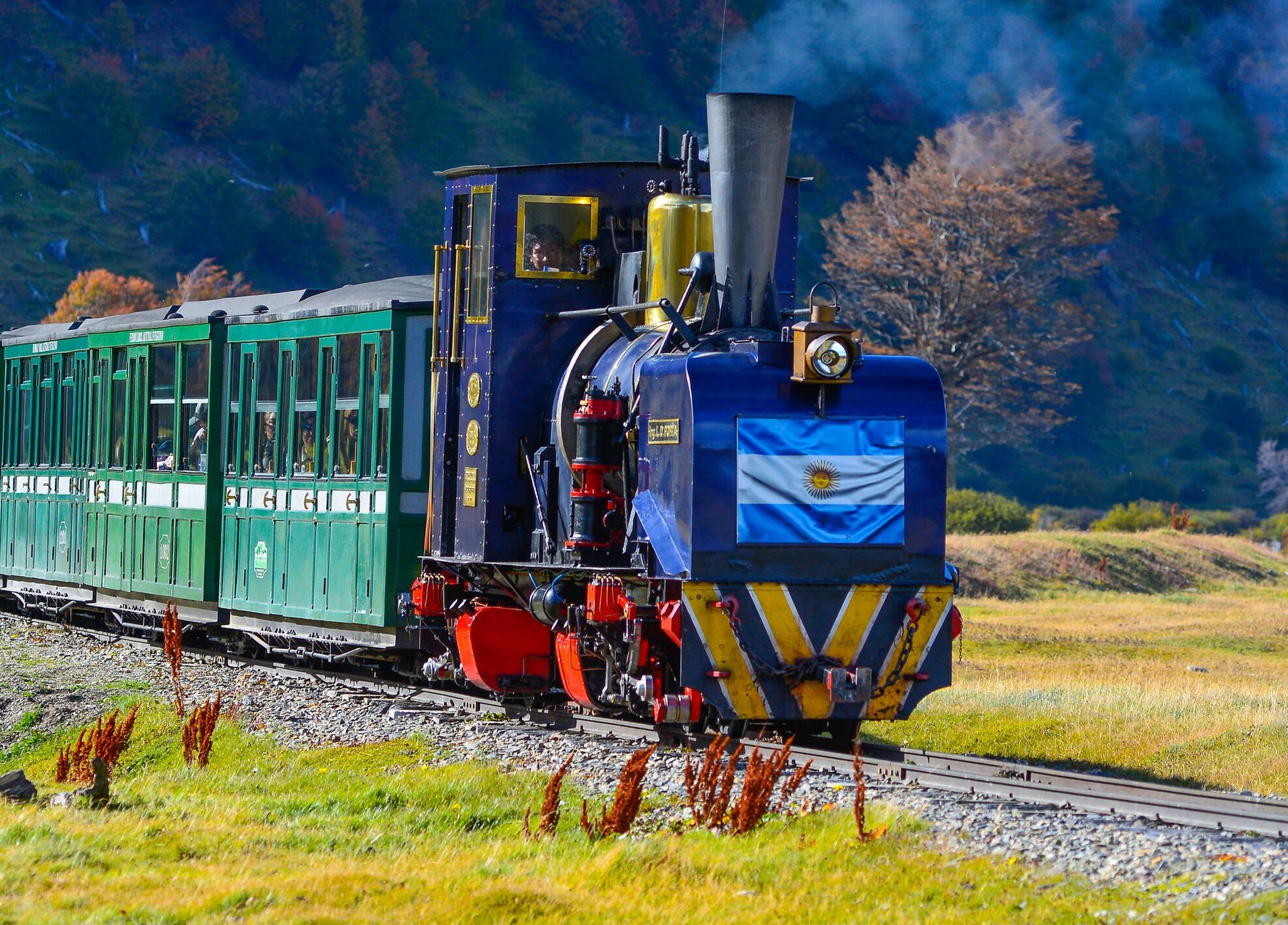 Tren turístico de vapor azul y verde en una vía rural con montañas boscosas al fondo.