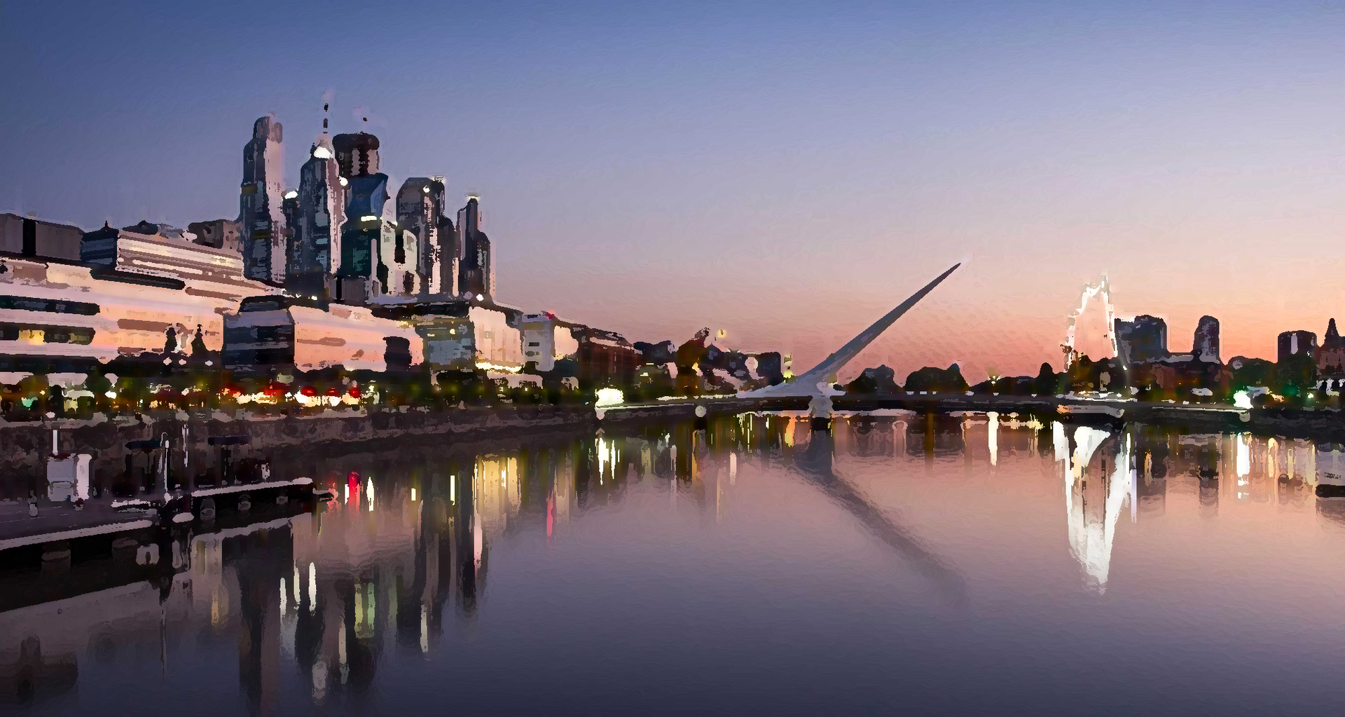El perfil urbano de la ciudad al atardecer se refleja en un río tranquilo, con un puente moderno y luces brillantes.