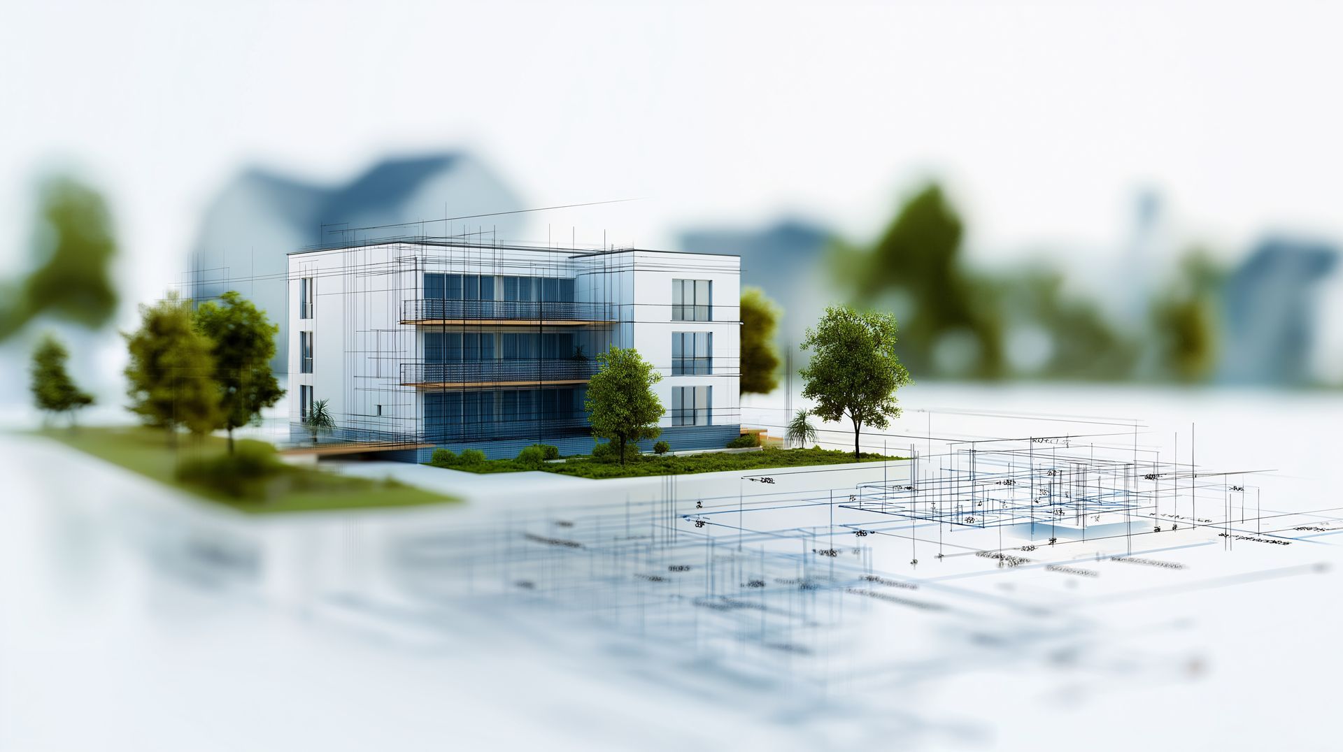 Une maquette d'un bâtiment est posée sur un plan.