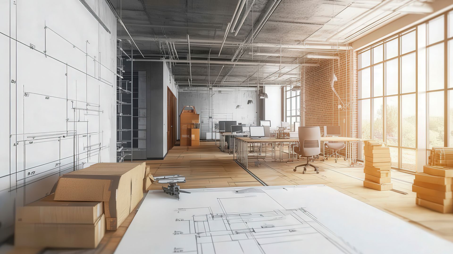 Un bureau en construction avec un plan au sol.