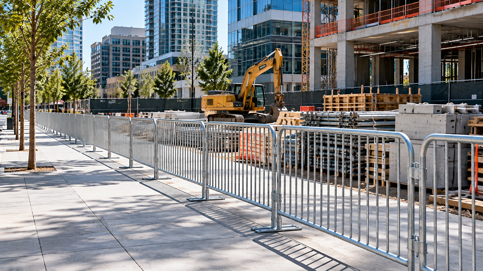 Construction site beside a city sidewalk, with metal barricades, excavator, and tall buildings in the background