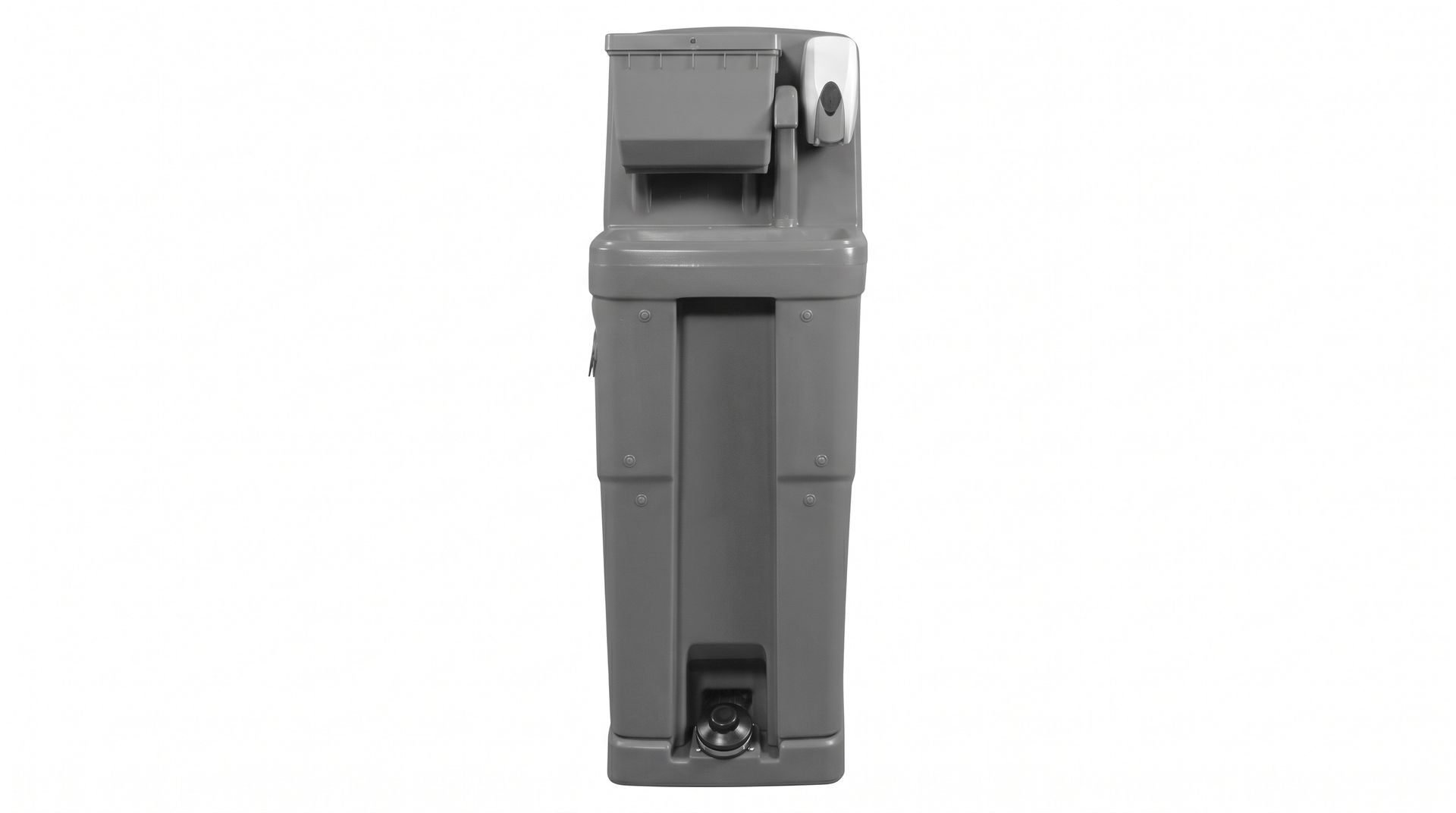 Gray trash bin with lid and front opening, shown against a white background
