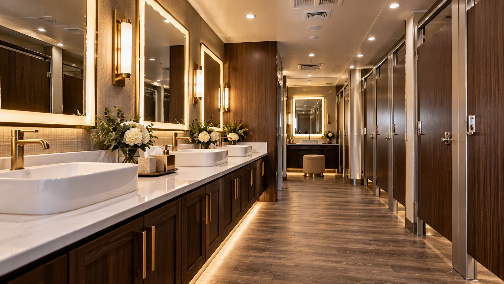 Modern restroom with double sinks, large mirrors, wood cabinetry, and warm lighting