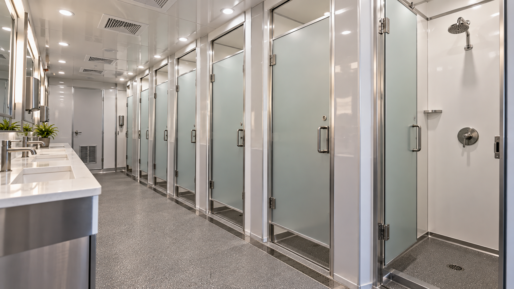 Bright, modern restroom with frosted glass shower stalls and white sinks in a clean, tiled interior