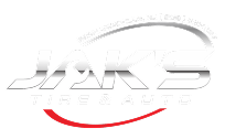 Stylized silver JKS logo with gray arc above and red swoosh below on white background
