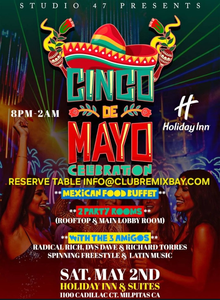 Cinco de Mayo celebration flyer with colorful sombrero, dancers, live music, buffet, and Holiday Inn venue details