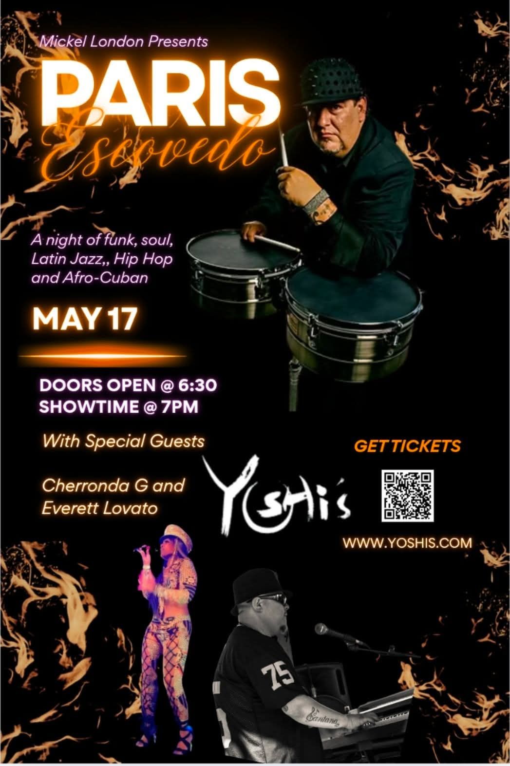 Paris-themed event poster with drum performers, May 17, 6:30 pm doors, 7 pm showtime, Yoshi's Oakland